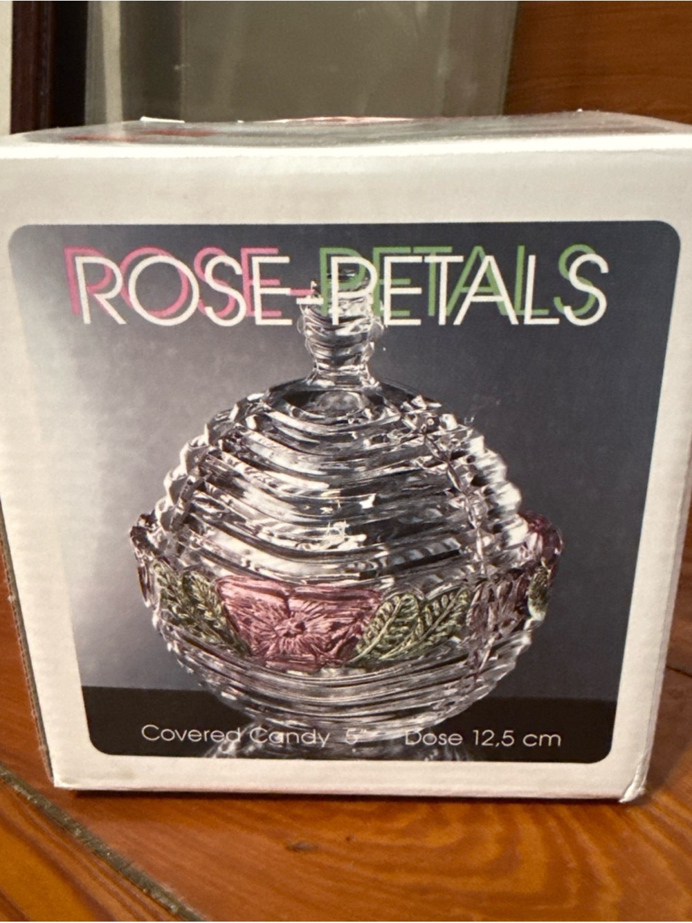 Covered Candy Dish W/Lid -Clear Glass with Pink & Green Accents AnnaHutte in box